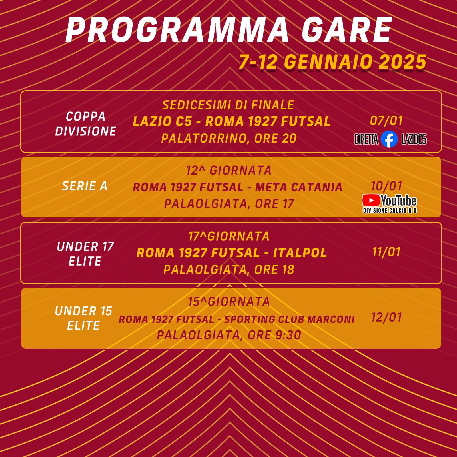 Programma gare 7/12 gennaio 2025 